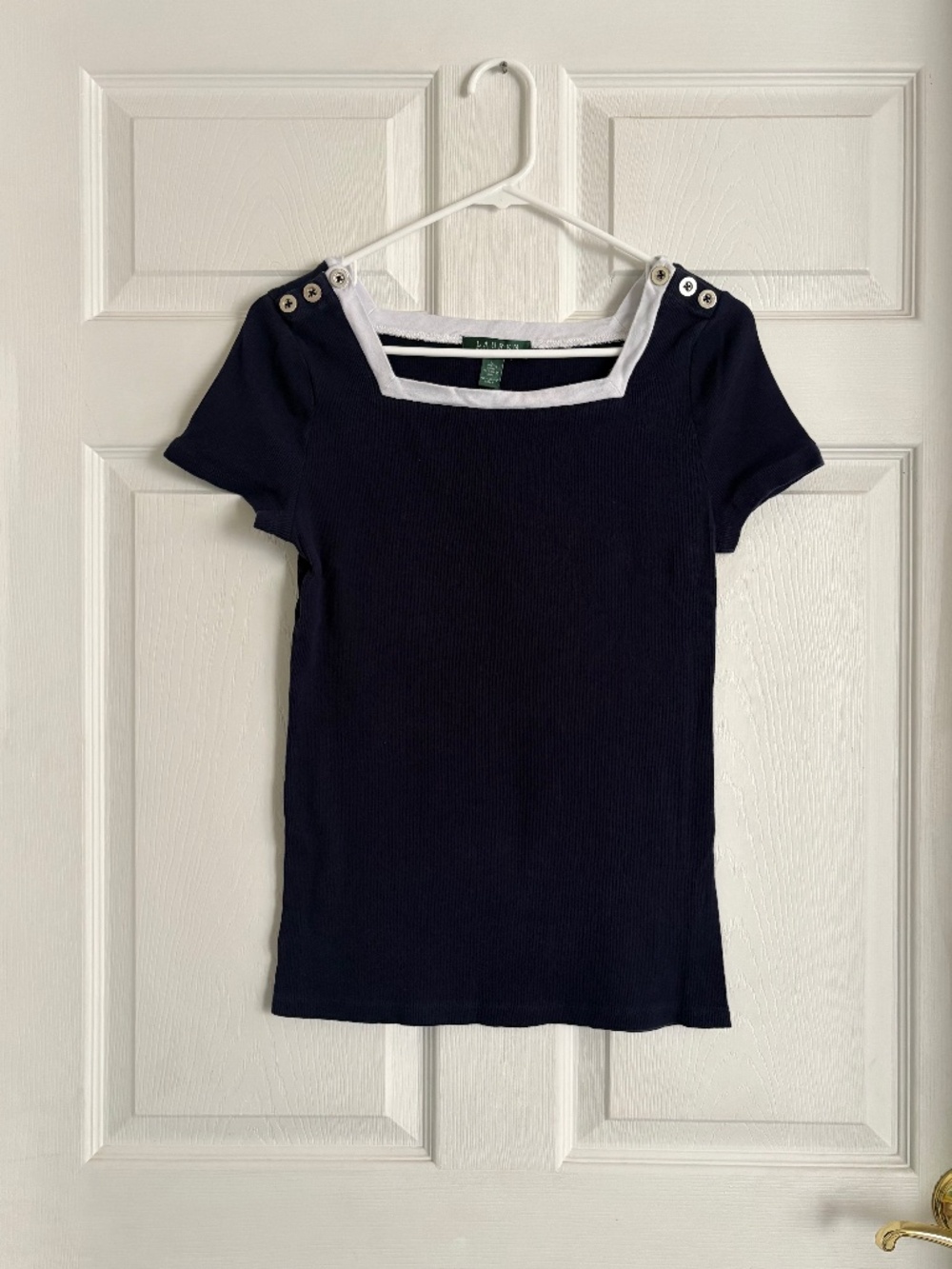 Lauren Ralph Lauren Women's Navy Blue Ribbed Short Sleeve Top